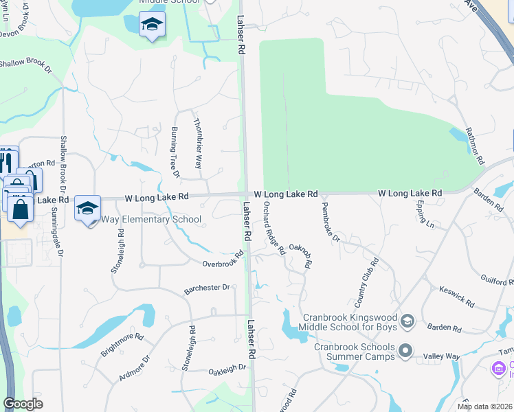 map of restaurants, bars, coffee shops, grocery stores, and more near 1343 Orchard Ridge Road in Bloomfield Hills