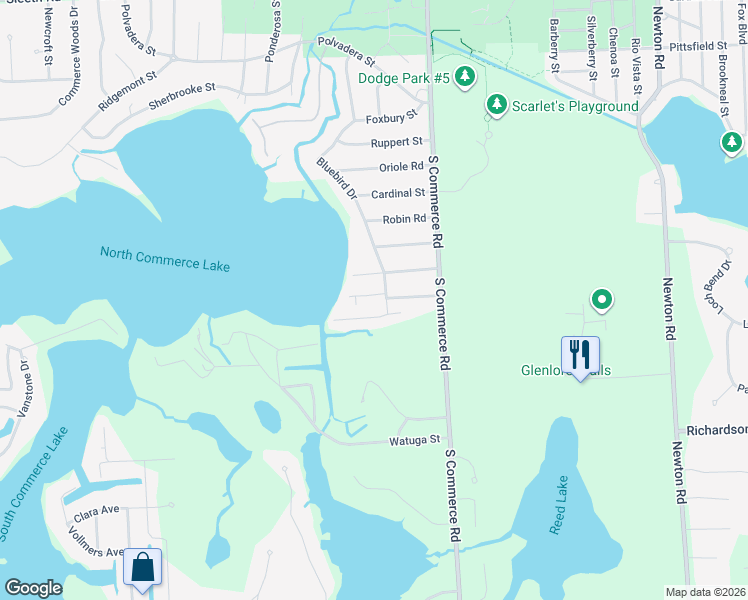 map of restaurants, bars, coffee shops, grocery stores, and more near 349 Whippoorwill Way in Commerce Charter Township
