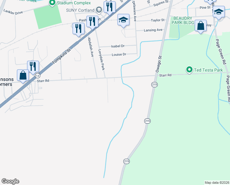 map of restaurants, bars, coffee shops, grocery stores, and more near 3590 Parti Drive in Cortland