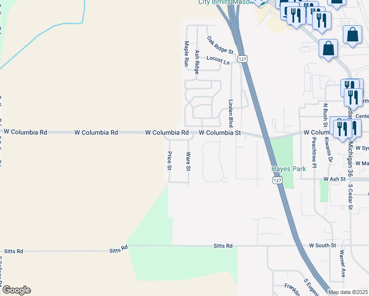 map of restaurants, bars, coffee shops, grocery stores, and more near 233 Price Street in Mason