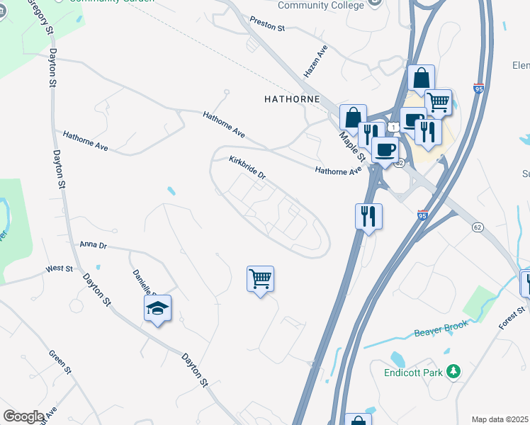 map of restaurants, bars, coffee shops, grocery stores, and more near 8222 Kirkbride Drive in Danvers
