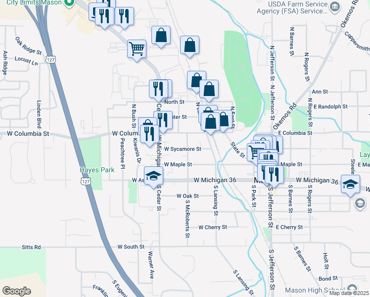 map of restaurants, bars, coffee shops, grocery stores, and more near 452 West Maple Street in Mason