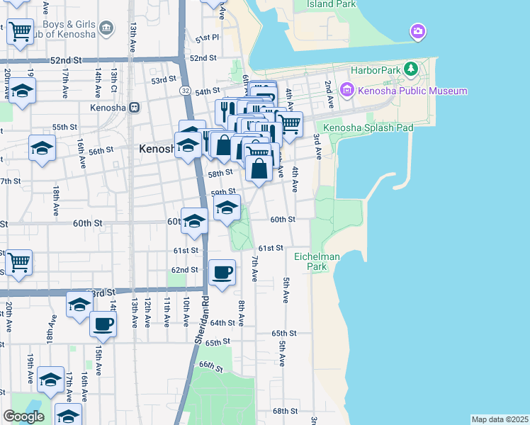 map of restaurants, bars, coffee shops, grocery stores, and more near 515 60th Street in Kenosha