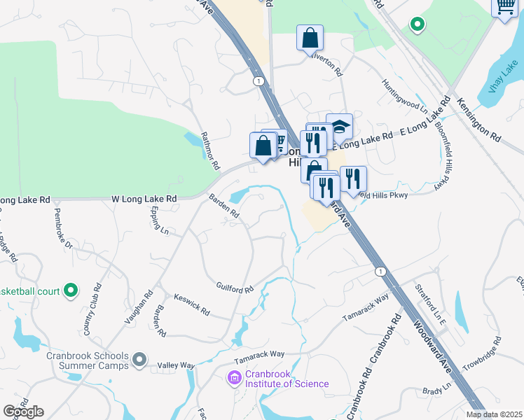 map of restaurants, bars, coffee shops, grocery stores, and more near 63 Barden Court in Bloomfield Hills
