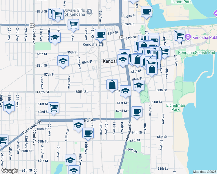 map of restaurants, bars, coffee shops, grocery stores, and more near 1207 60th Street in Kenosha