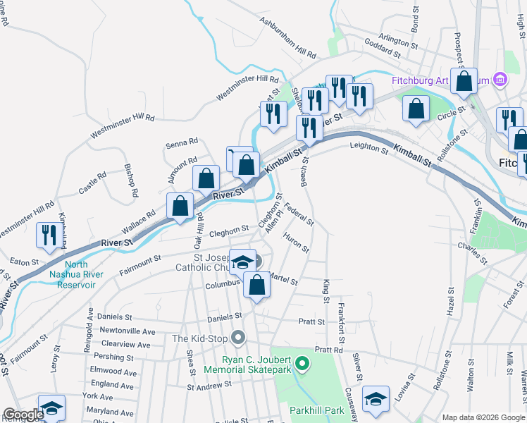 map of restaurants, bars, coffee shops, grocery stores, and more near 56 Daniels Street in Fitchburg