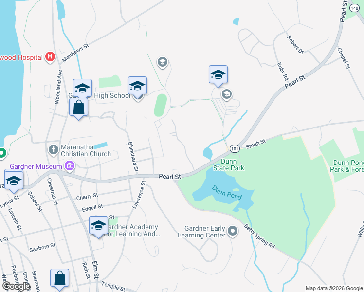 map of restaurants, bars, coffee shops, grocery stores, and more near 104 Ridgewood Lane in Gardner