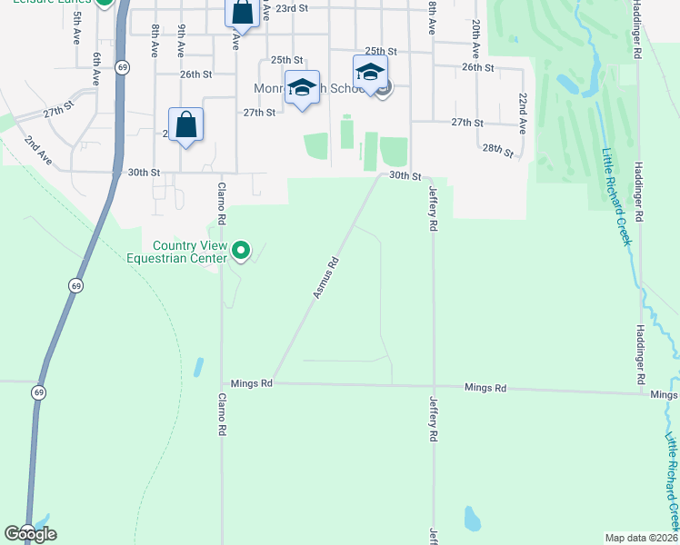 map of restaurants, bars, coffee shops, grocery stores, and more near N2205 Asmus Road in Monroe