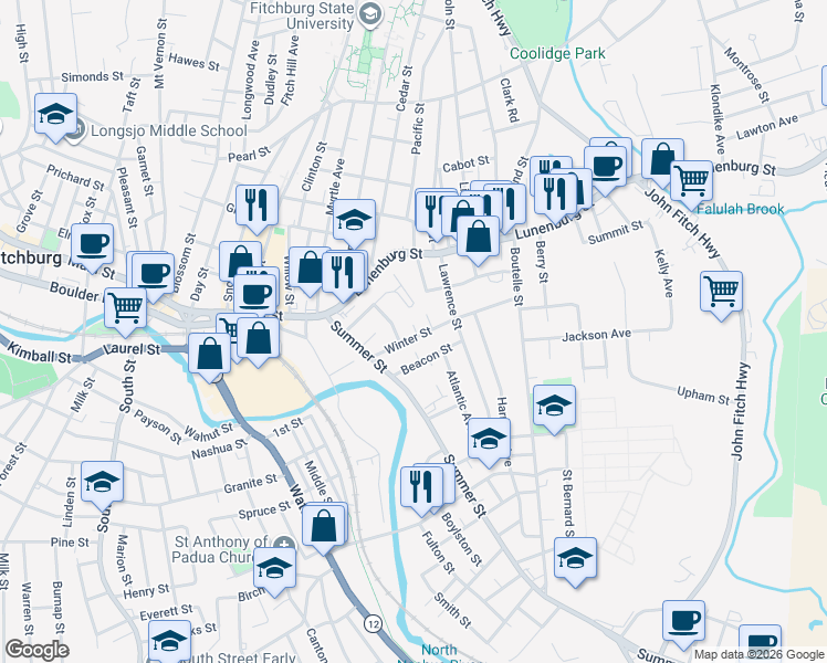 map of restaurants, bars, coffee shops, grocery stores, and more near 29 Brigham Park in Fitchburg