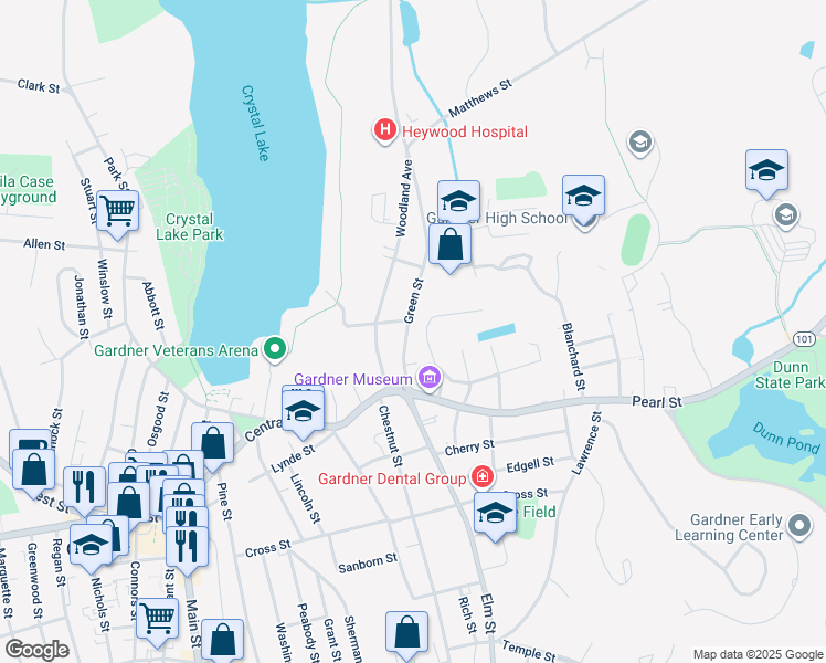 map of restaurants, bars, coffee shops, grocery stores, and more near 82 Green Street in Gardner
