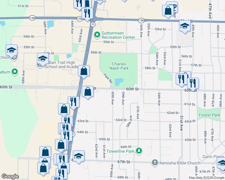 map of restaurants, bars, coffee shops, grocery stores, and more near 5924-5998 60th Street in Kenosha