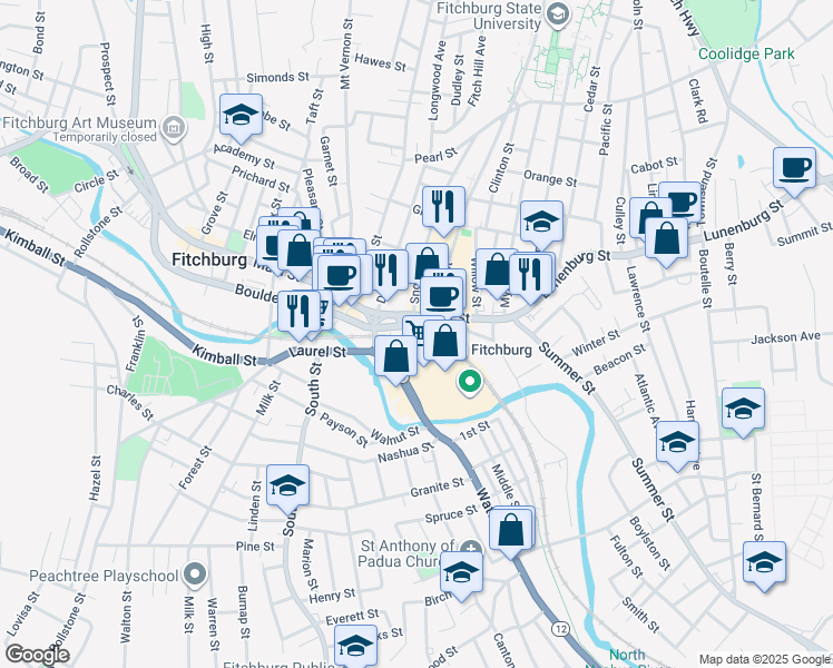 map of restaurants, bars, coffee shops, grocery stores, and more near 199 Main Street in Fitchburg