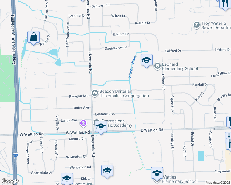 map of restaurants, bars, coffee shops, grocery stores, and more near 197 Randall Drive in Troy