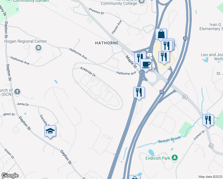 map of restaurants, bars, coffee shops, grocery stores, and more near 12000 Kirkbride Drive in Danvers