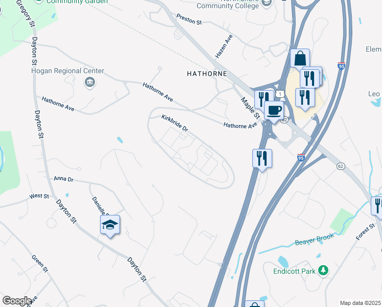 map of restaurants, bars, coffee shops, grocery stores, and more near 50 Hathorne Avenue in Danvers