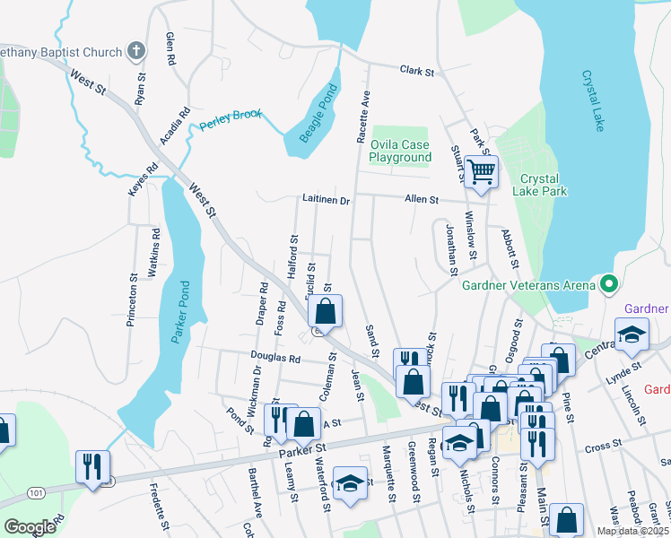 map of restaurants, bars, coffee shops, grocery stores, and more near 108 Pelley Street in Gardner