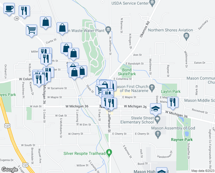 map of restaurants, bars, coffee shops, grocery stores, and more near 124 South Jefferson Street in Mason