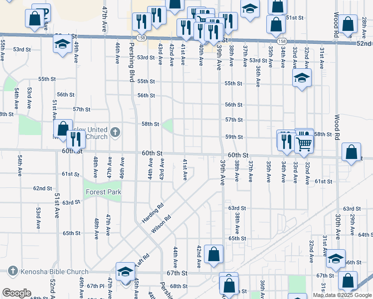 map of restaurants, bars, coffee shops, grocery stores, and more near 4027 59th Street in Kenosha