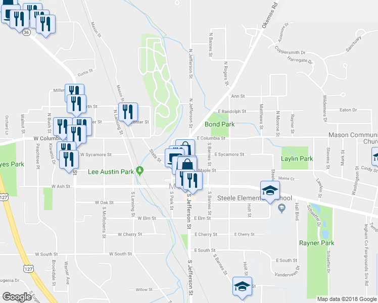 map of restaurants, bars, coffee shops, grocery stores, and more near 126 South Jefferson Street in Mason