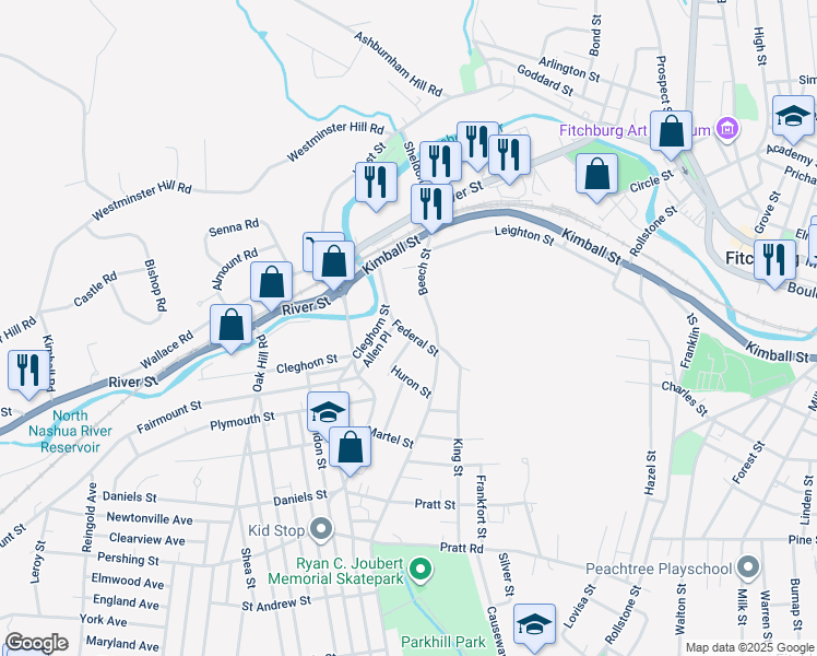 map of restaurants, bars, coffee shops, grocery stores, and more near 79 Beech Street in Fitchburg