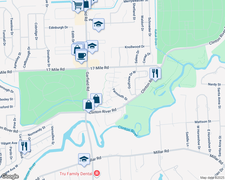 map of restaurants, bars, coffee shops, grocery stores, and more near 38653 Bayside Court in Clinton Township