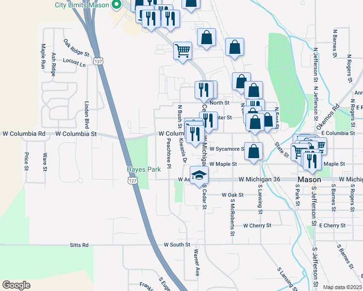 map of restaurants, bars, coffee shops, grocery stores, and more near 637 West Columbia Street in Mason