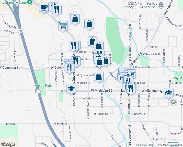 map of restaurants, bars, coffee shops, grocery stores, and more near 440 West Sycamore Street in Mason