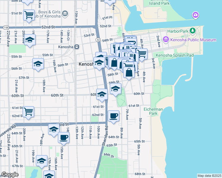 map of restaurants, bars, coffee shops, grocery stores, and more near 5918 8th Avenue in Kenosha