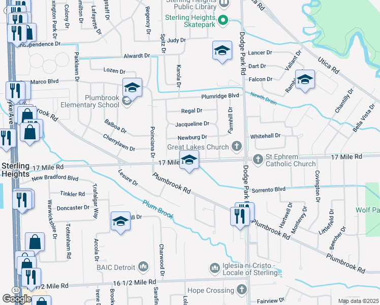 map of restaurants, bars, coffee shops, grocery stores, and more near 11222 Newburg Drive in Sterling Heights