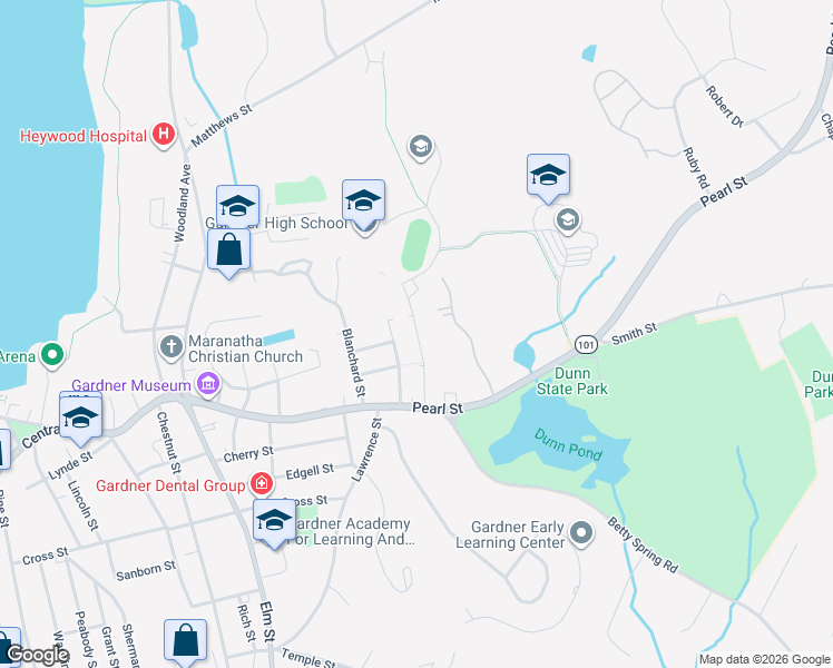 map of restaurants, bars, coffee shops, grocery stores, and more near 75 Catherine Street in Gardner