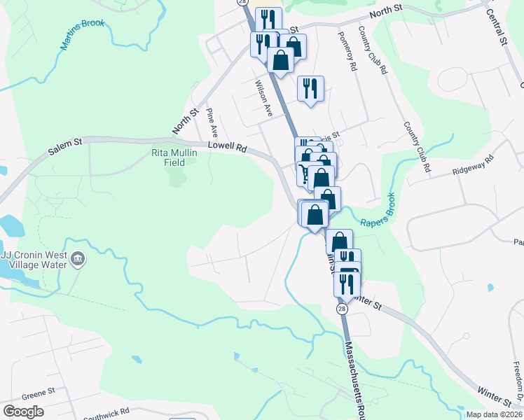 map of restaurants, bars, coffee shops, grocery stores, and more near 19R Abbott Rd in North Reading