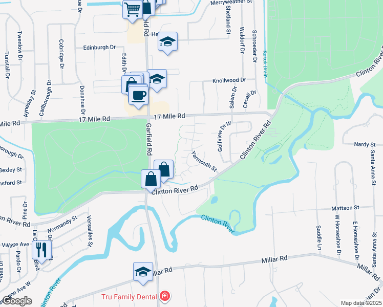 map of restaurants, bars, coffee shops, grocery stores, and more near 38653 Bayside Court in Clinton Township