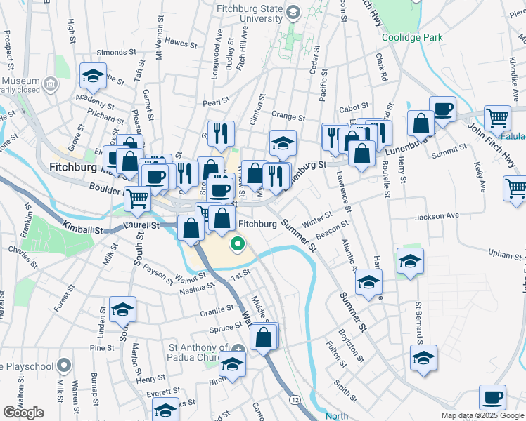 map of restaurants, bars, coffee shops, grocery stores, and more near 1 Summer Street in Fitchburg
