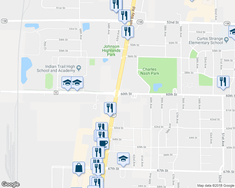map of restaurants, bars, coffee shops, grocery stores, and more near 6001 Green Bay Road in Kenosha