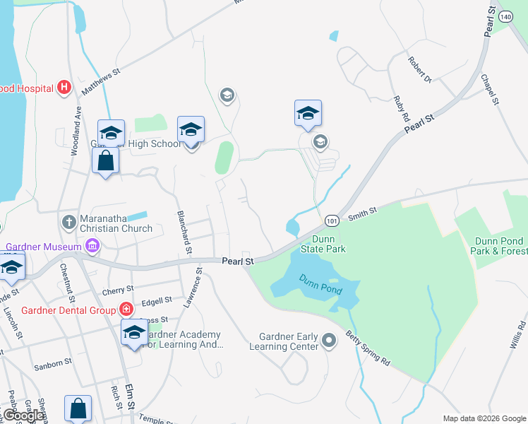 map of restaurants, bars, coffee shops, grocery stores, and more near 104 Ridgewood Lane in Gardner