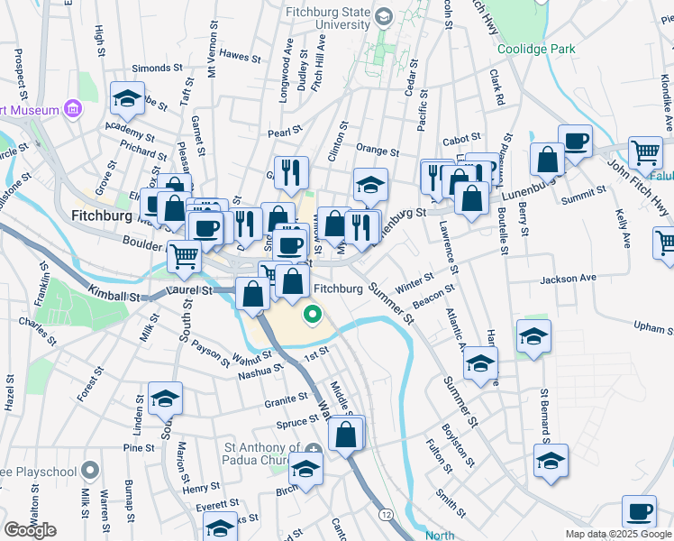 map of restaurants, bars, coffee shops, grocery stores, and more near 35 Main Street in Fitchburg