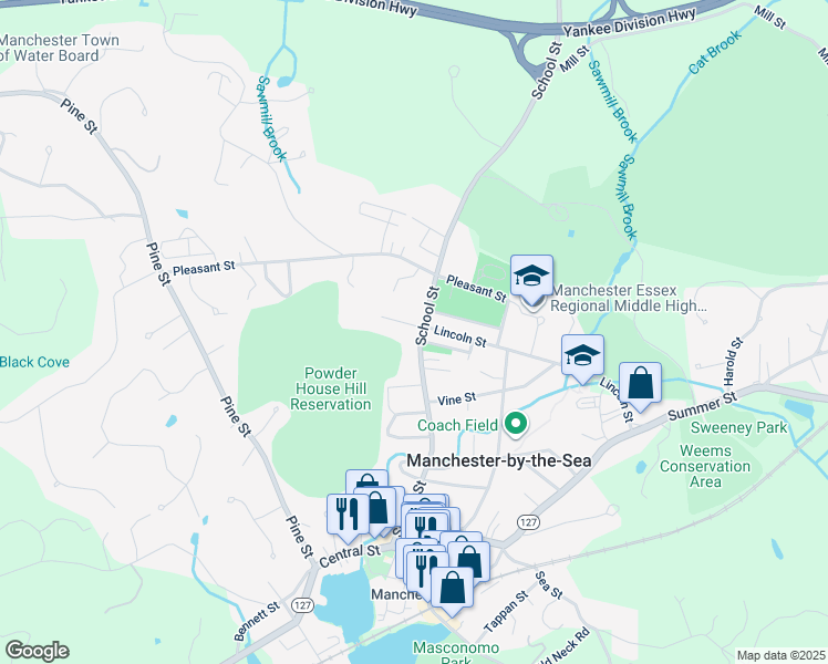 map of restaurants, bars, coffee shops, grocery stores, and more near 9 Lincoln Avenue in Manchester-by-the-Sea