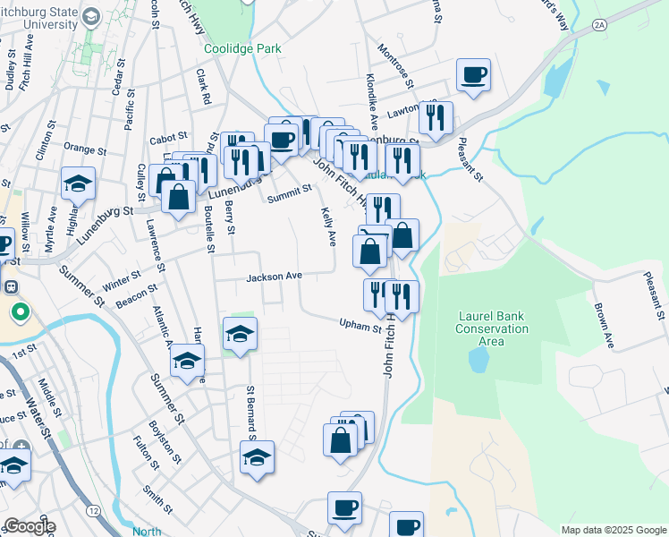 map of restaurants, bars, coffee shops, grocery stores, and more near 95 Kelly Avenue in Fitchburg