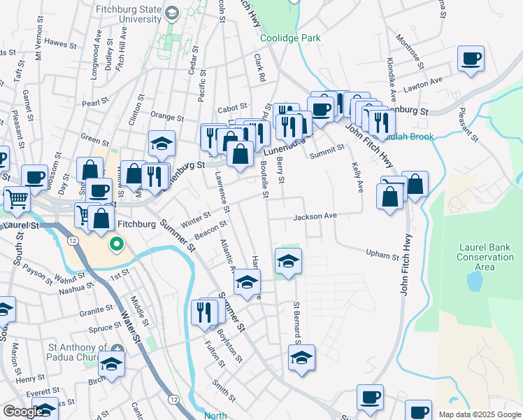 map of restaurants, bars, coffee shops, grocery stores, and more near 82 Winter Street in Fitchburg
