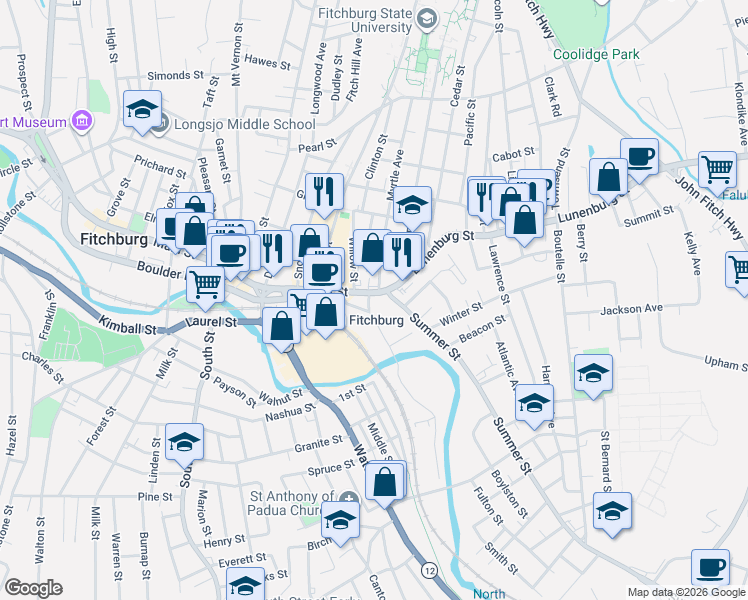 map of restaurants, bars, coffee shops, grocery stores, and more near 10 Main Street in Fitchburg
