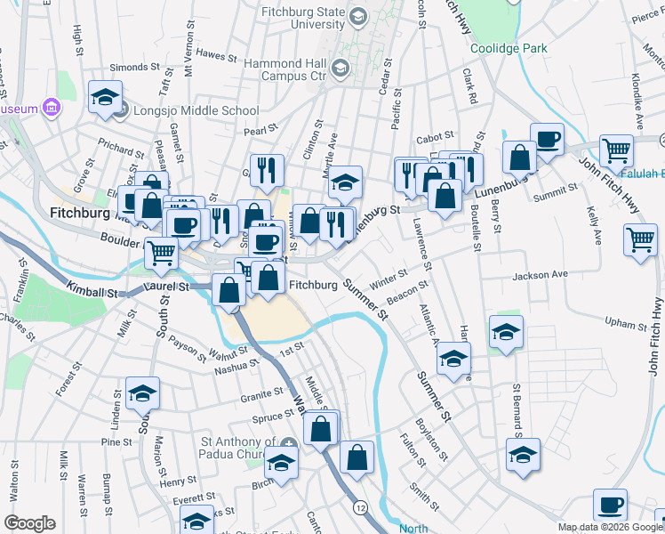 map of restaurants, bars, coffee shops, grocery stores, and more near 8 Summer Street in Fitchburg