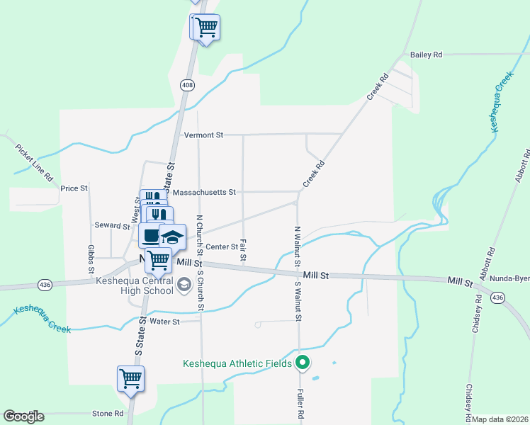 map of restaurants, bars, coffee shops, grocery stores, and more near County Road 15 in Nunda
