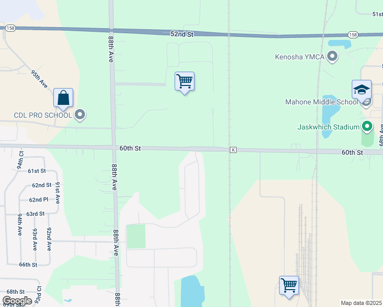 map of restaurants, bars, coffee shops, grocery stores, and more near 6002 82nd Avenue in Kenosha