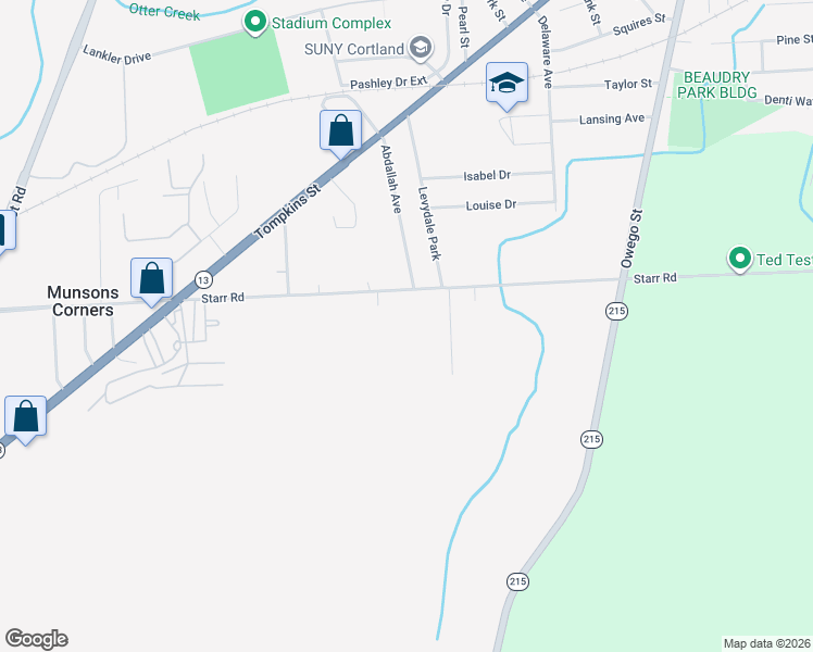 map of restaurants, bars, coffee shops, grocery stores, and more near 1170 Starr Road in Cortland