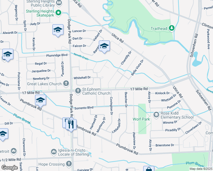 map of restaurants, bars, coffee shops, grocery stores, and more near 39115 Chantilly Drive in Sterling Heights