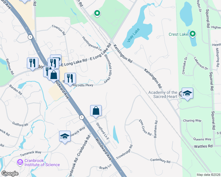 map of restaurants, bars, coffee shops, grocery stores, and more near 64 Hidden Ridge in Bloomfield Hills