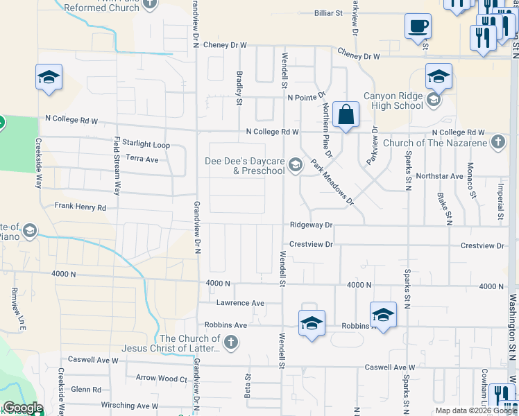map of restaurants, bars, coffee shops, grocery stores, and more near 1120 Wendell Street in Twin Falls