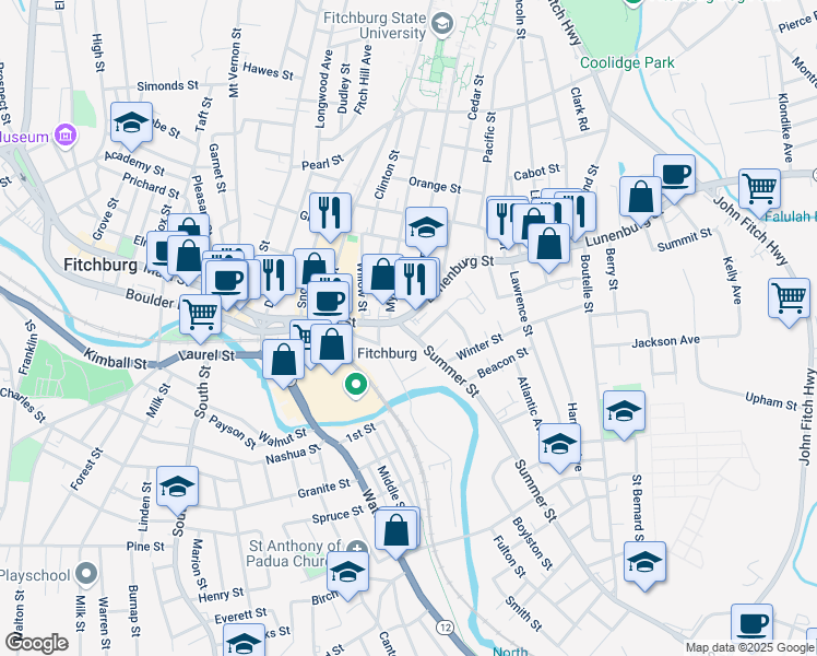 map of restaurants, bars, coffee shops, grocery stores, and more near 17 Lunenburg Street in Fitchburg