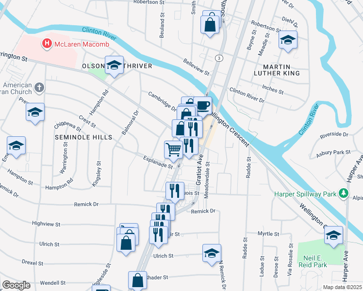map of restaurants, bars, coffee shops, grocery stores, and more near 1160 Southbound Gratiot Avenue in Mount Clemens