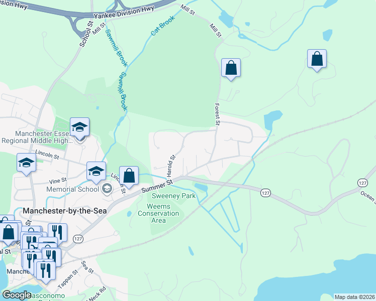 map of restaurants, bars, coffee shops, grocery stores, and more near 9 Harold Street in Manchester-by-the-Sea